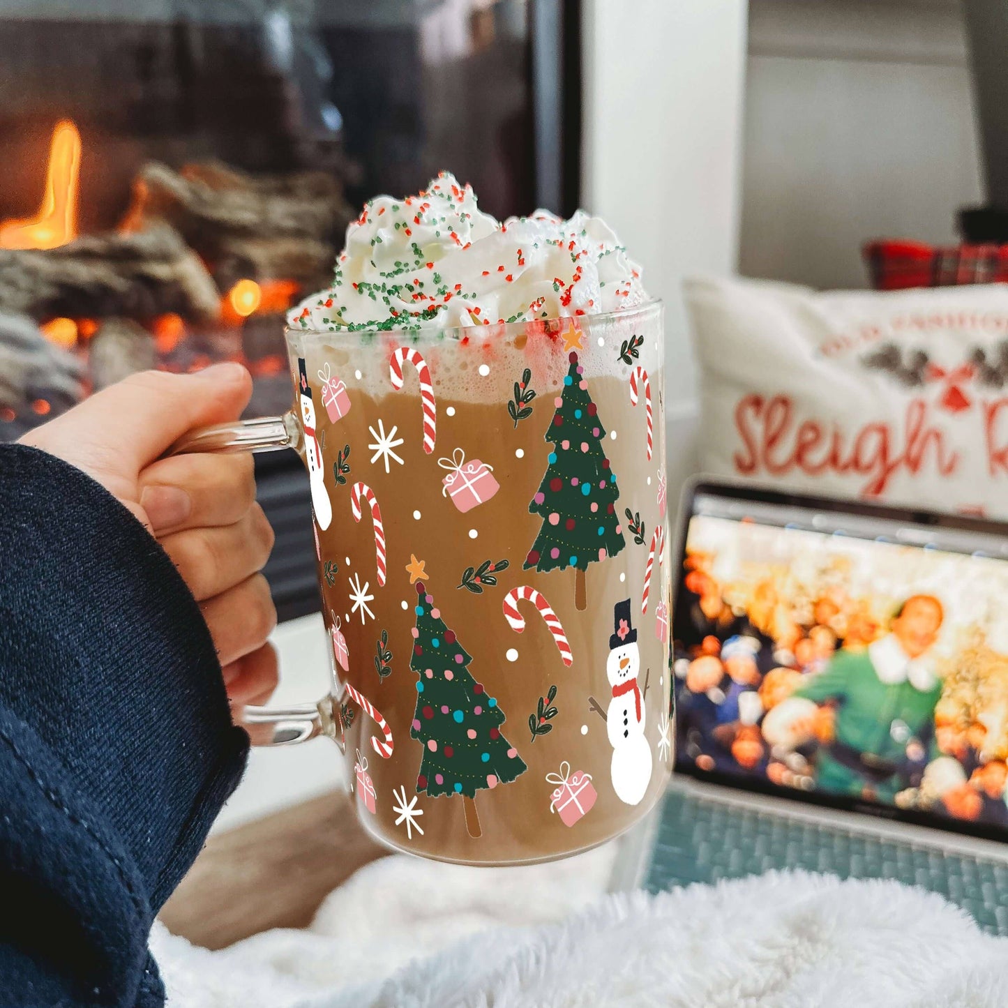 Holiday Magic Clear Glass Mug with Lid & Straw