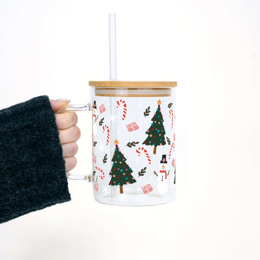 Holiday Magic Clear Glass Mug with Lid & Straw