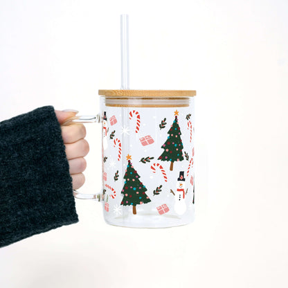 Holiday Magic Clear Glass Mug with Lid & Straw