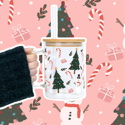 Holiday Magic Clear Glass Mug with Lid & Straw